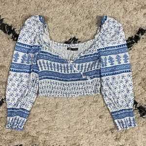 Zara Blue and White Boho Floral Printed Shirred Long Sleeve Crop Top